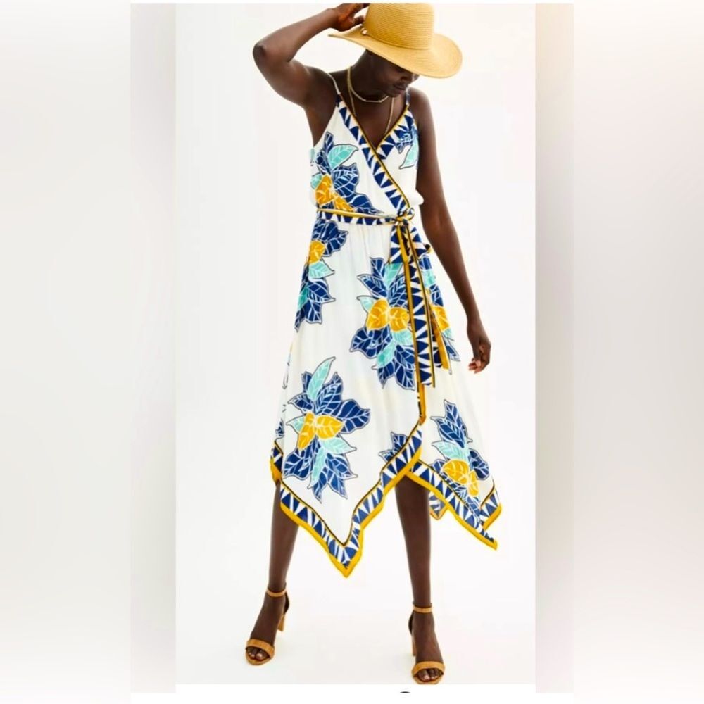 Nine West Tropical Print Scarf Hem Midi Dress Small
